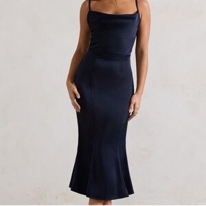 Club L London Navy Blue Satin Cowl Neck Midi Dress size US 6 UK 10
